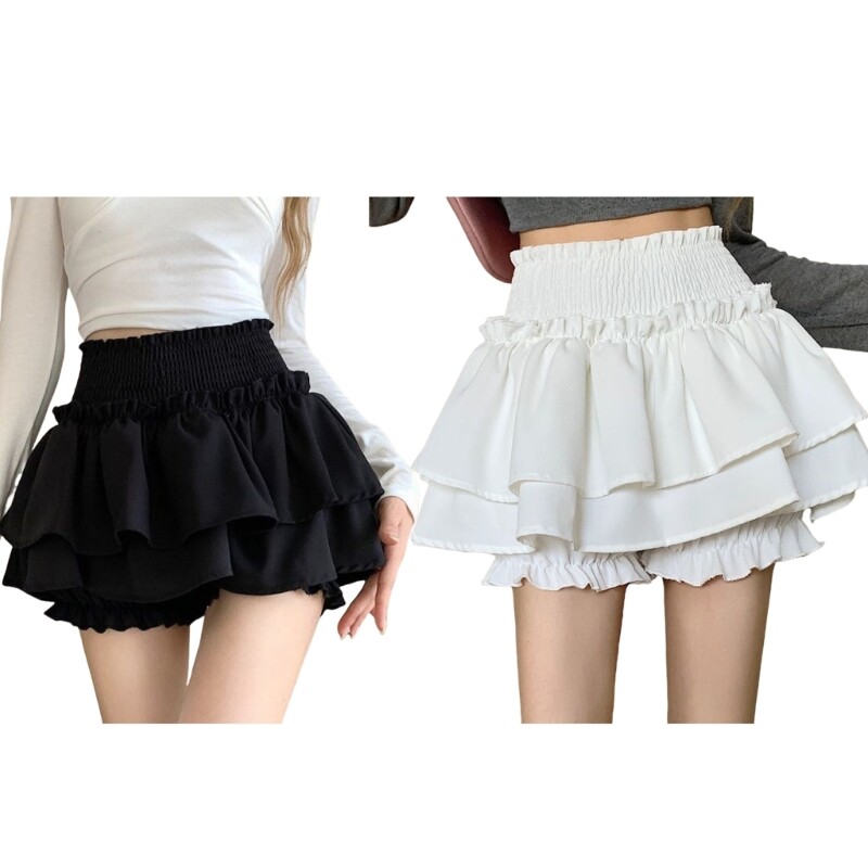 Womens Shirred High Waist A Line Pleated Short Cake Skirt Layered