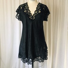 Vtg Eve Stillman Saks Fifth Avenue Nightgown Shirt Satiny Black Chantilly Lace S