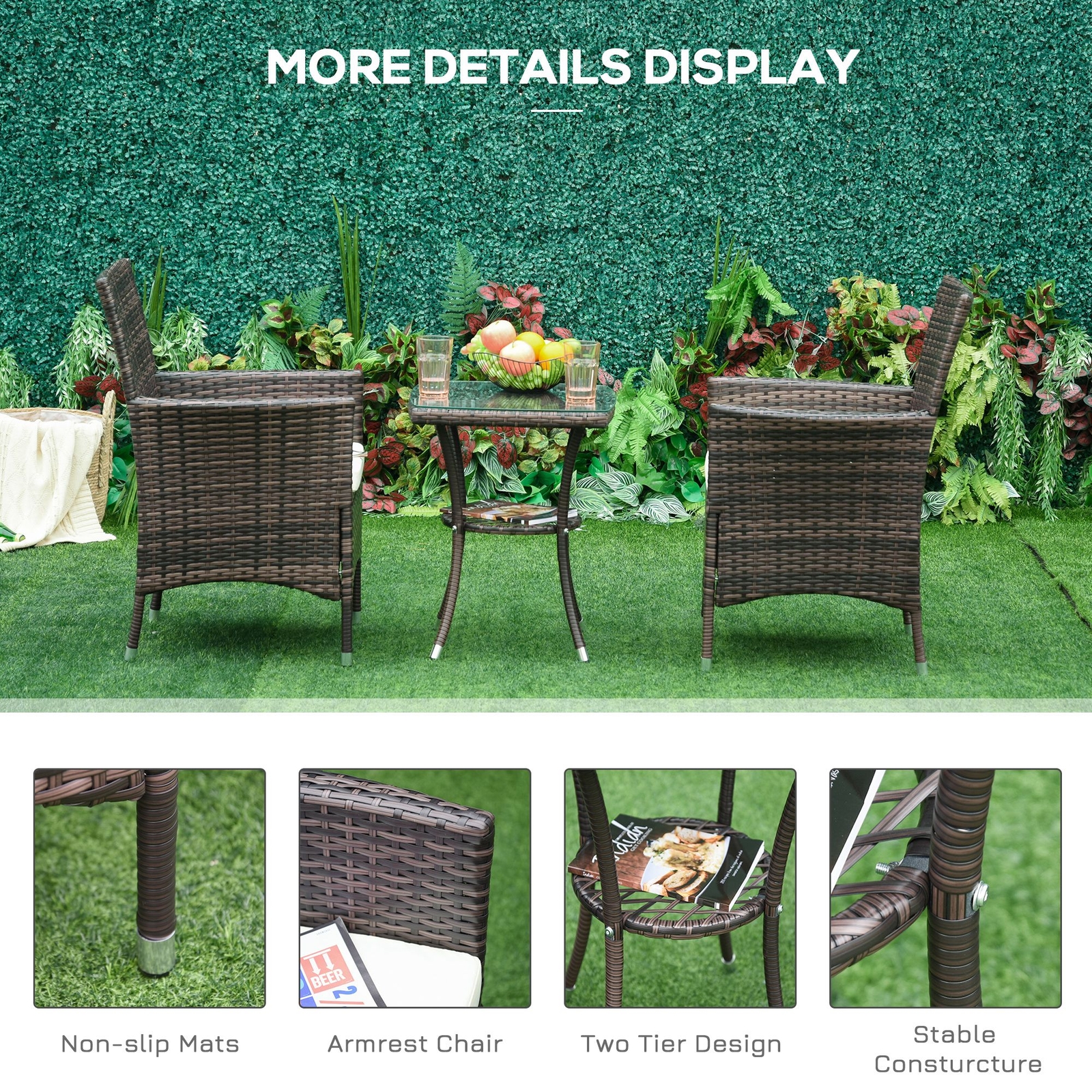Outsunny Rattan Bistro Set Garden Chair Table Patio Outdoor Cushion