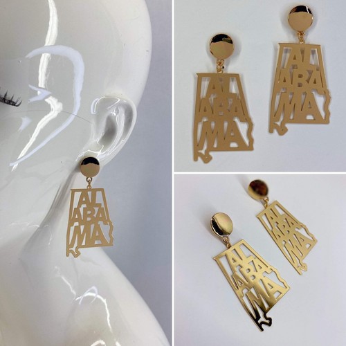 Gold Finish Post Back Earring With Alabama State Outline Dangle - Picture 1 of 4