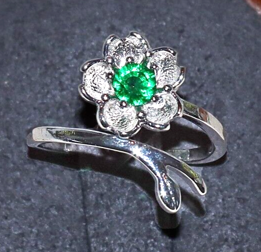 Silver Tone Flower Ring with Clear Crystal Petals and Green Center Stone Adjustable Band  -image