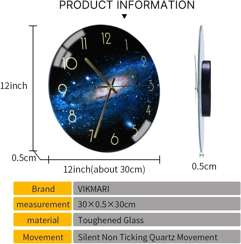 12" Gradient Round Glass Wall Clock – Silent Quartz, Battery Operated, Blue
