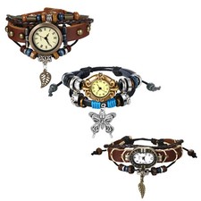Women's Girls Retro Quartz Wrist Watch Multilayer Beaded Charms Leather Bracelet