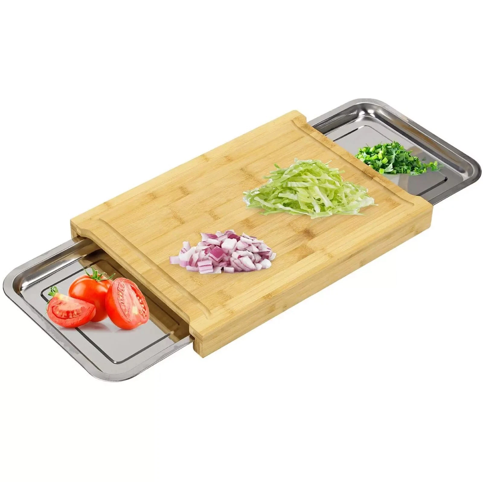 Wooden Bamboo Chopping Board Cutting Slicing W/ 2 Sliding Stainless Steel Trays
Opens in a new windo