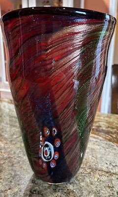 Vintage MCM Murano Glassware Vase Millefiori Aventurine Art Glass Large 11.5 