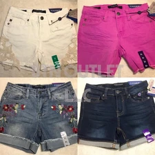 VIGOSS (Sz 7-14) Girls MID Shorts Adjustable Waistband Off-White Pink Denim Embr