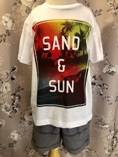 Basic Editions Boys Two Piece White Shirt 6/7 Grey Shorts 4/5 Set Surfer Style