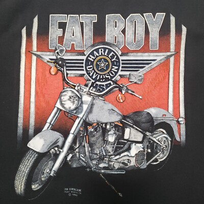 Vtg 3D EMBLEM Tshirt Harley Davidson Fat Boy Made in USA 1990
