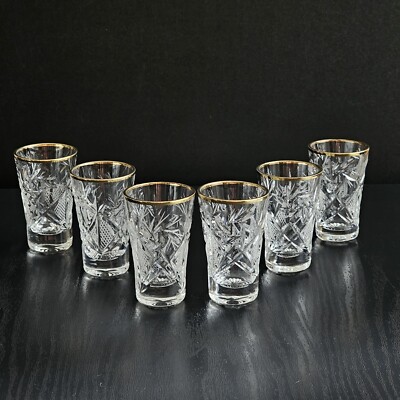 Elegant and Modern Russian Cut Crystal Shot Glass with Gold Rim