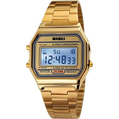 Men's Digital Gold Stainless Steel Watch Backlit Multifunction Stopwatch Wate...