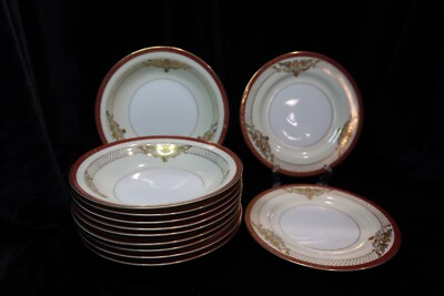 EMPRESS CHINA JAPAN ATHENS RED BAND GOLD FLOWERS 10 RIM SOUP BOWLS 2 SALAD PLATE