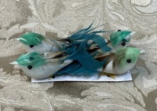 GREEN FEATHERED BIRDS WIRED CHRISTMAS CRAFT DECOR SET OF 4