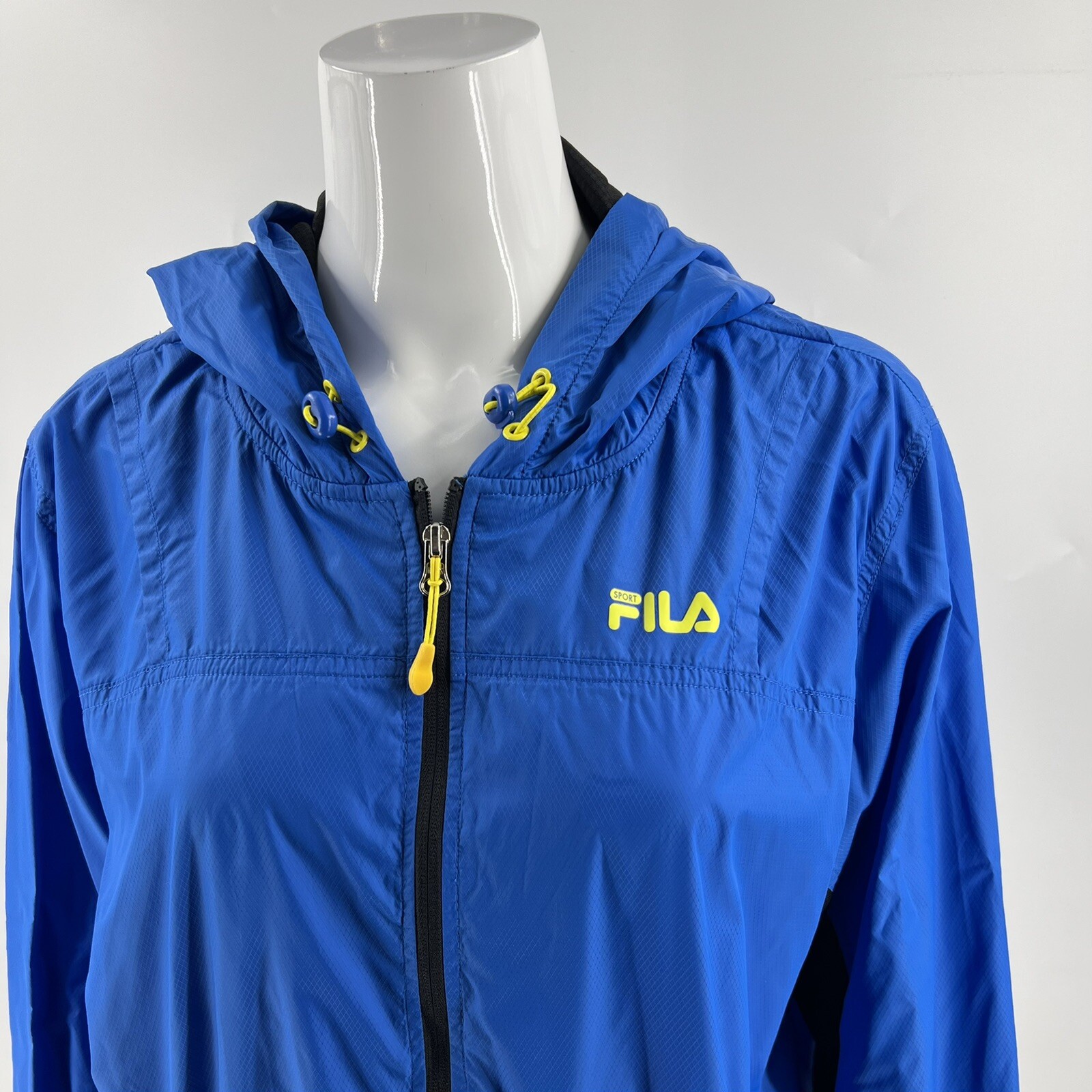 Giacca a vento donna Fila taglia large blu nera zip cappuccio nylon sportivo
