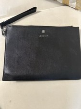 Versace Black Leather Zip Wristlet Clutch Bag