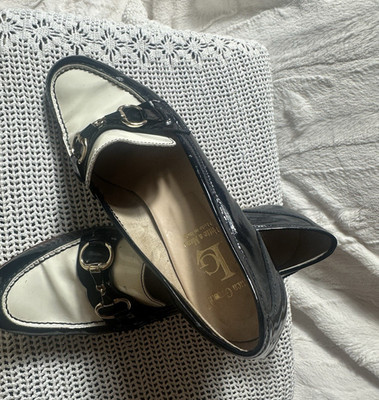 Luca Grossi black and white leather metal bit loafers flats for women, size 9.5