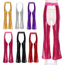Women's Sequin Cowgirl Chaps Adjustable Waist Hollow Out Flared Pants Rave Party