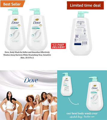 Dove Body Wash with Pump Sensitive Skin,  2 Pack/30.6 fl oz