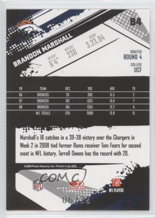 2009 Score Inscriptions Artist Proof /32 Brandon Marshall #84 - Image 2 of 2