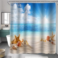Beach Seashell Starfish Shower Curtain, Ocean Sandy Shore, Waterproof