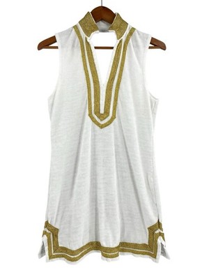 CABANA LIFE Women's White Terry Sleeveless Gold Trim Swim Cover Dress Medium