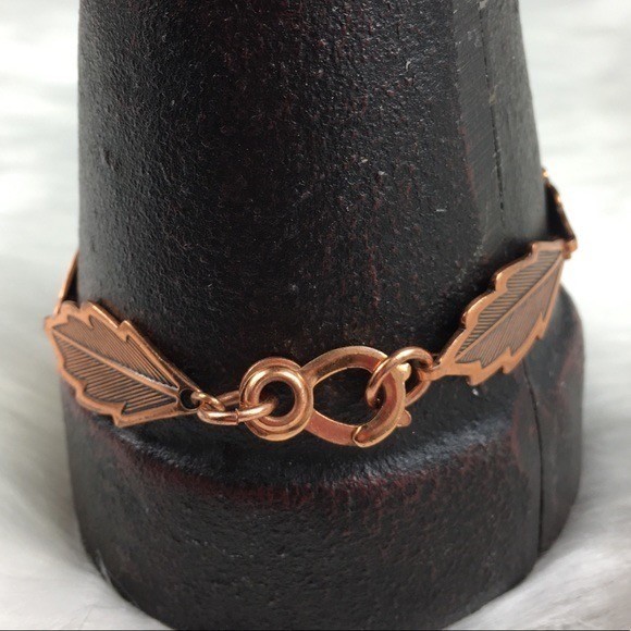 Vintage Solid Copper Leaf Bracelet with Stamped C… - image 4