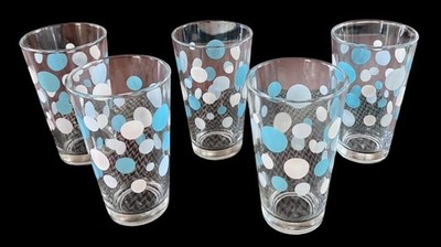 Vintage Libbey Tumbler Drinking Glass Aqua Blue White Polka Dot 16oz  Set of 5