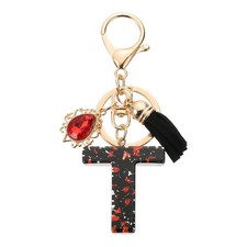 Initial Letter t Keychains, Resin Alphabet Key Ring with Tassel, Black/Red