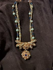 Miriam Haskell Signed Gold Tone Blue Aqua Beaded Necklace Floral Drop Pendant