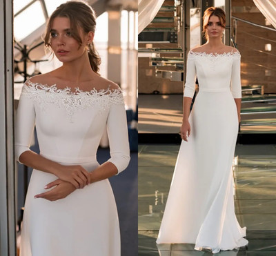 #ad Simple A Line Wedding Dresses Boat Neck 3 4 Sleeves Lace Appliques Bridal Gowns $146.29