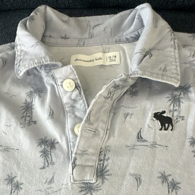 Abercrombie Kids Boys 13/14 Light Blue Tropical Print Logo Polo Shirt