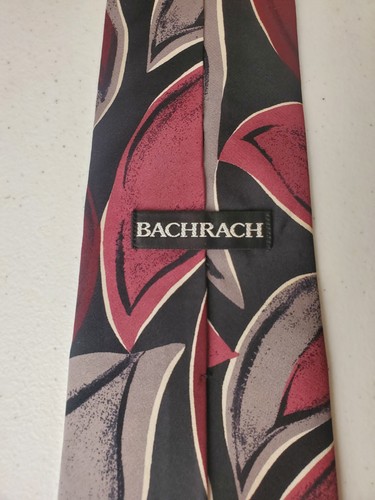 Vintage Bachrach Silk Tie 90s Abstract Geometric Leaf 4" Wide Burgundy Gray Men