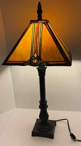 VINTAGE TIFFANY STYLE STAINED GLASS MISSION STYLE TABLE LAMP 27"H- TESTED