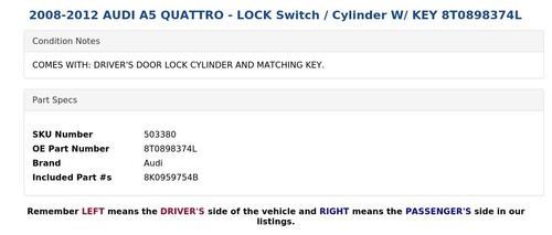 2008-2012 AUDI A5 QUATTRO - LOCK Switch / Cylinder W/ KEY 8T0898374L - Picture 4 of 5