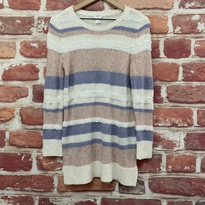 Ann Taylor Loft Tunic Sweater Womens Medium White Multicolor Striped Fuzzy  Knit
