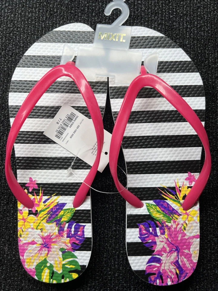 Sandalias de verano Mix it para mujer a rayas tropicales florales coloridas chanclas nuevas Foto 2 de 4