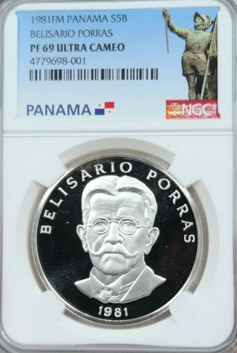 1981 PANAMA 5 BALBOAS BELISARIO PORRAS NGC PF 69 ULTRA CAMEO SCARCE LOW MINTAGE