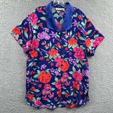Victorias Secret Womens Pajama Top Small Blue Floral Button Front Gold Label