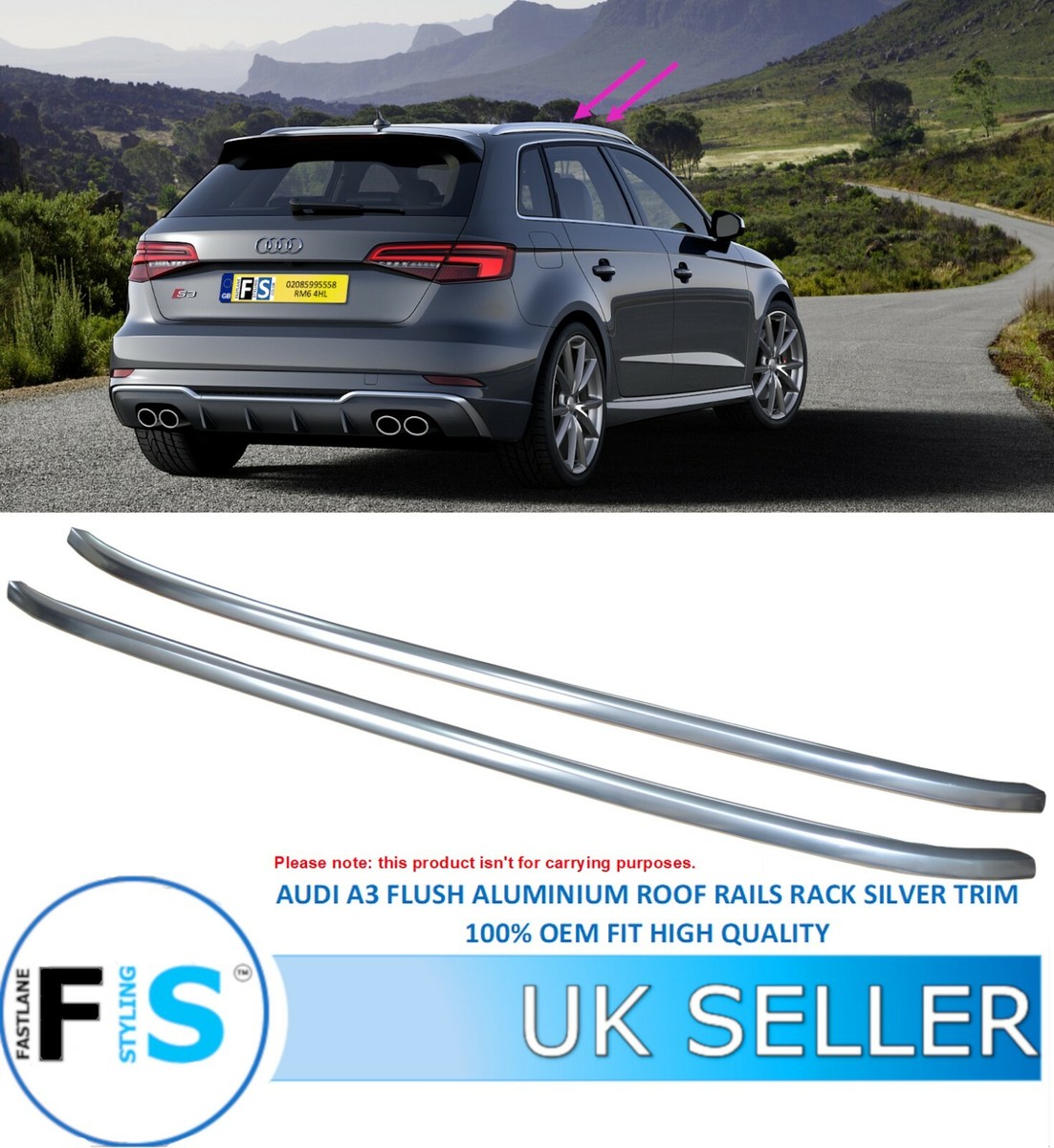 AUDI A3 S3 RS3 SPORTBACK 8V FLUSH ROOF RAILS CROSS BARS SILVER