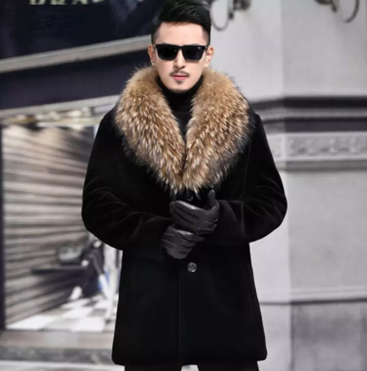 Mens Big mink Fur collar Fur Jacket Winter long Coat thicken Overcoat Parka  punk