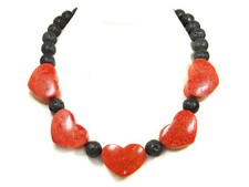 Sublime Collier En Le Pierre Précieuse Lave en Forme de Boule Et Coraux Coeur