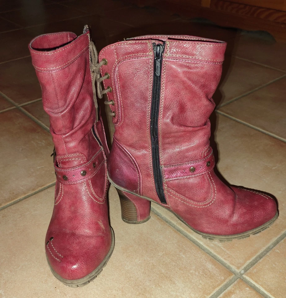Bottines MUSTANG Cuir Rouge Brique Fourrées Pointure 39 Très Bon État - Photo 2/4
