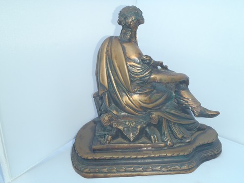19th C. Antique Bronze seated robed Grecian Woman Sculpture on a plinth Signed - Picture 7 of 12