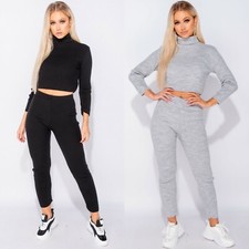 Women Solid Knit Long Sleeve Turtleneck Casual Sport Two Piece Pants Set Outfits