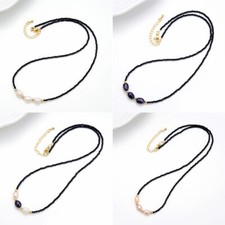 3mm Faceted Black Spinel 8-9mm Natural Freshwater Rice Pearl Pendant Necklace