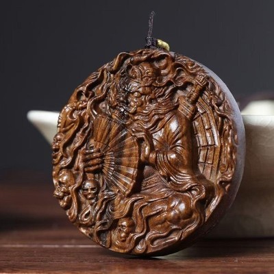 Agarwood Carving Celestial Master Zhong Kui Round Pendant Tian Wu Shi Pai