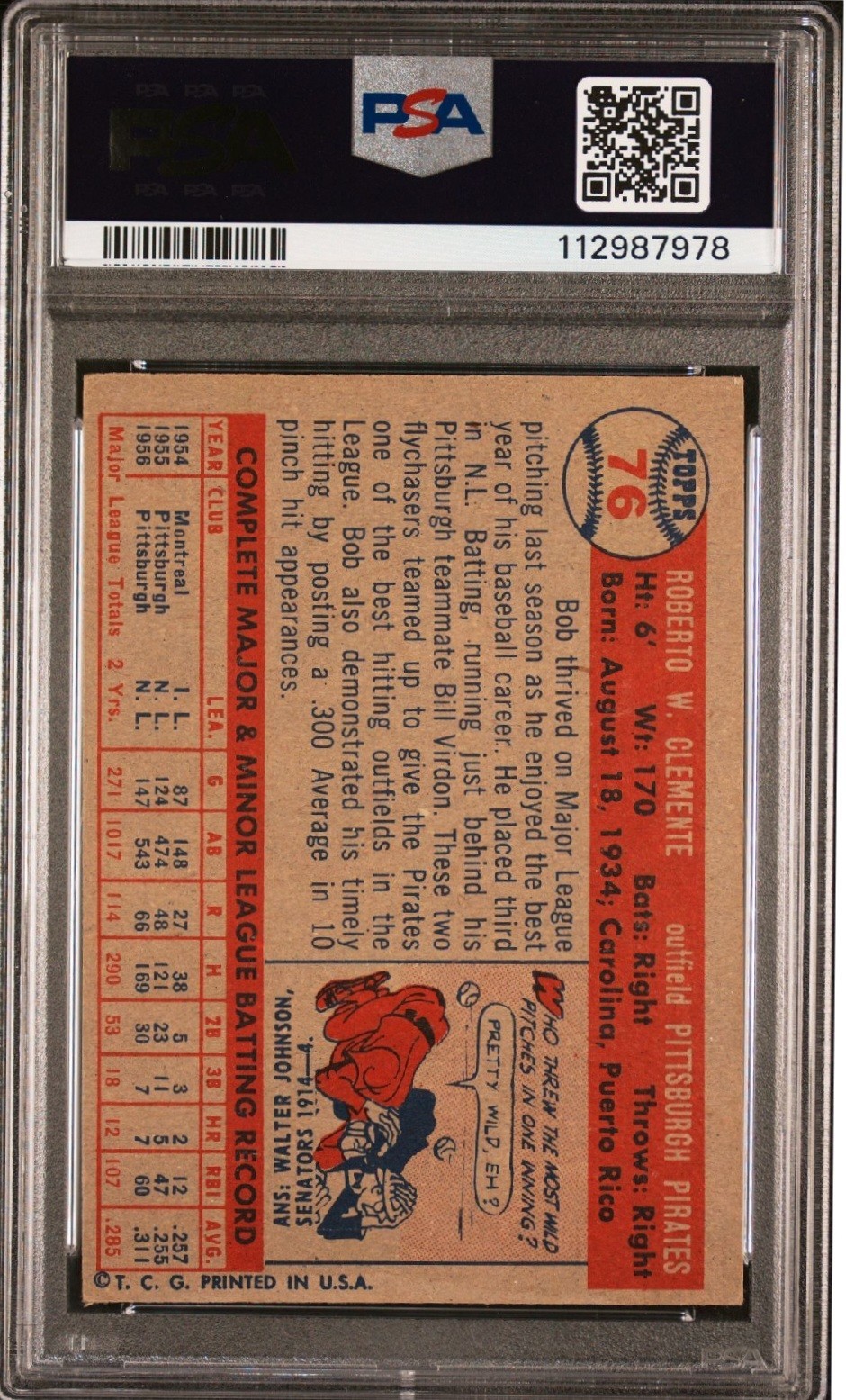 1957 Topps ROBERTO CLEMENTE #76 Bob Set-Break - Pittsburgh Pirates PSA 3.5 VG + view 2