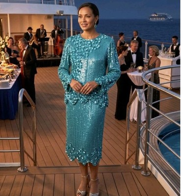 Scala Teal Silk Sequin Art Deco Blouse Skirt Cruise  Formal Dress 2 Piece Set S