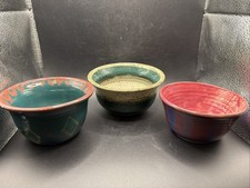 3 Empty Bowls Art Pottery Bowl Signed 2004 & 2005 Green Tan Speckled, Red Green