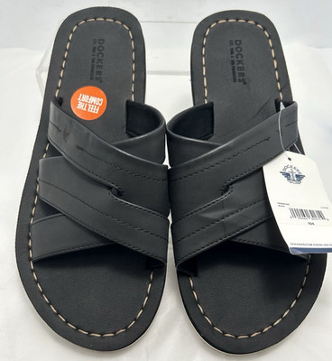 Dockers Mens Sandals / Slides  Size L  11 / 12  Black Faux Leather Slip on #84 Y