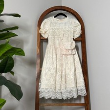 Jessica McClintock Vintage 80s Girls 6X Cream Pink Lace Dress USA Made